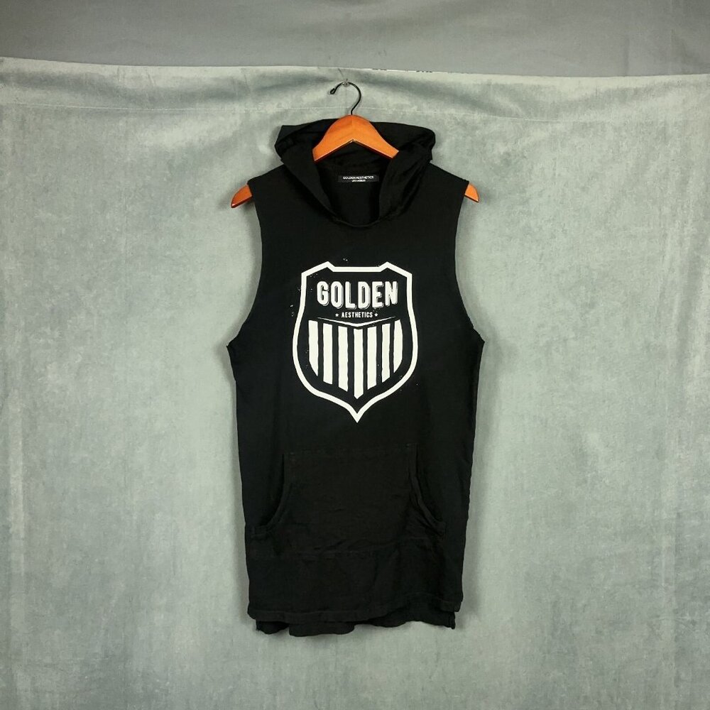 Golden Aesthetics Top Mens Size Medium Black Hooded Sleeveless "UNDERRATED"